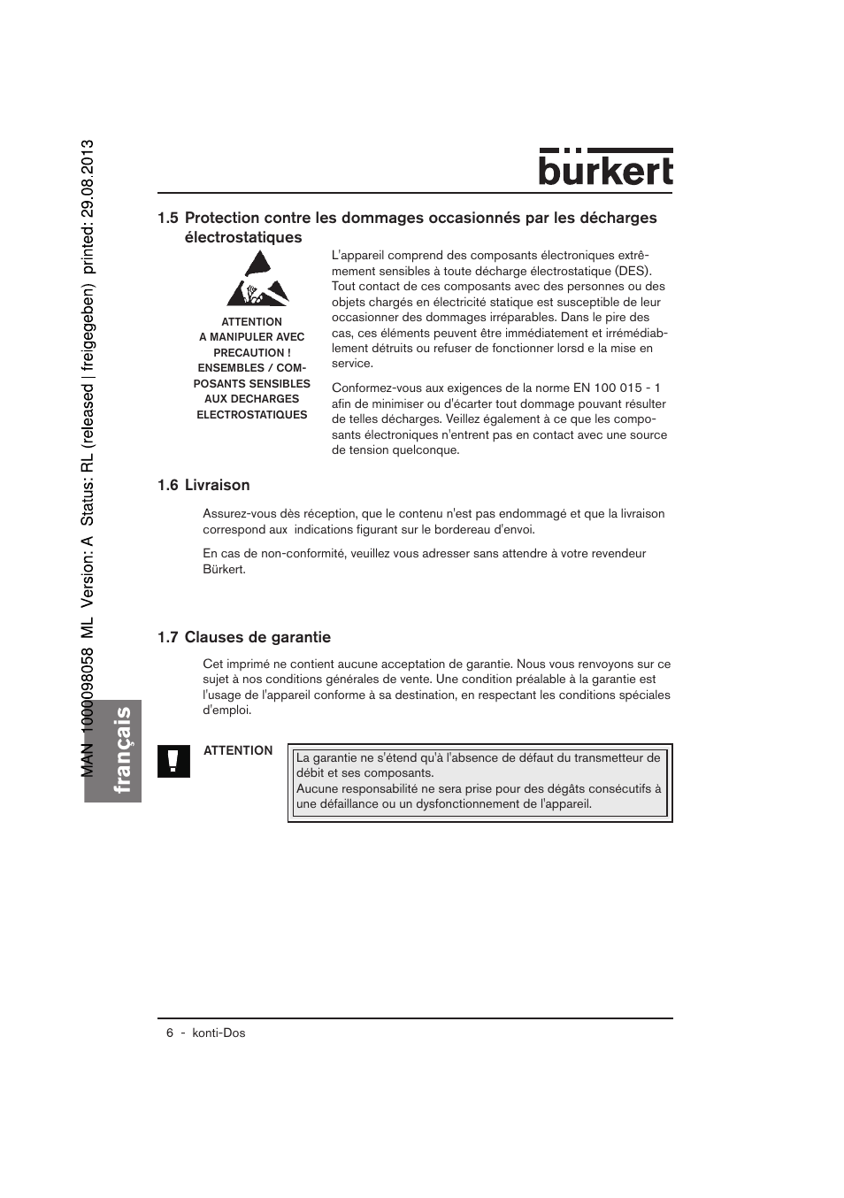 Français, 7 clauses de garantie 1.6 livraison | Burkert Type 7880 User Manual | Page 46 / 60