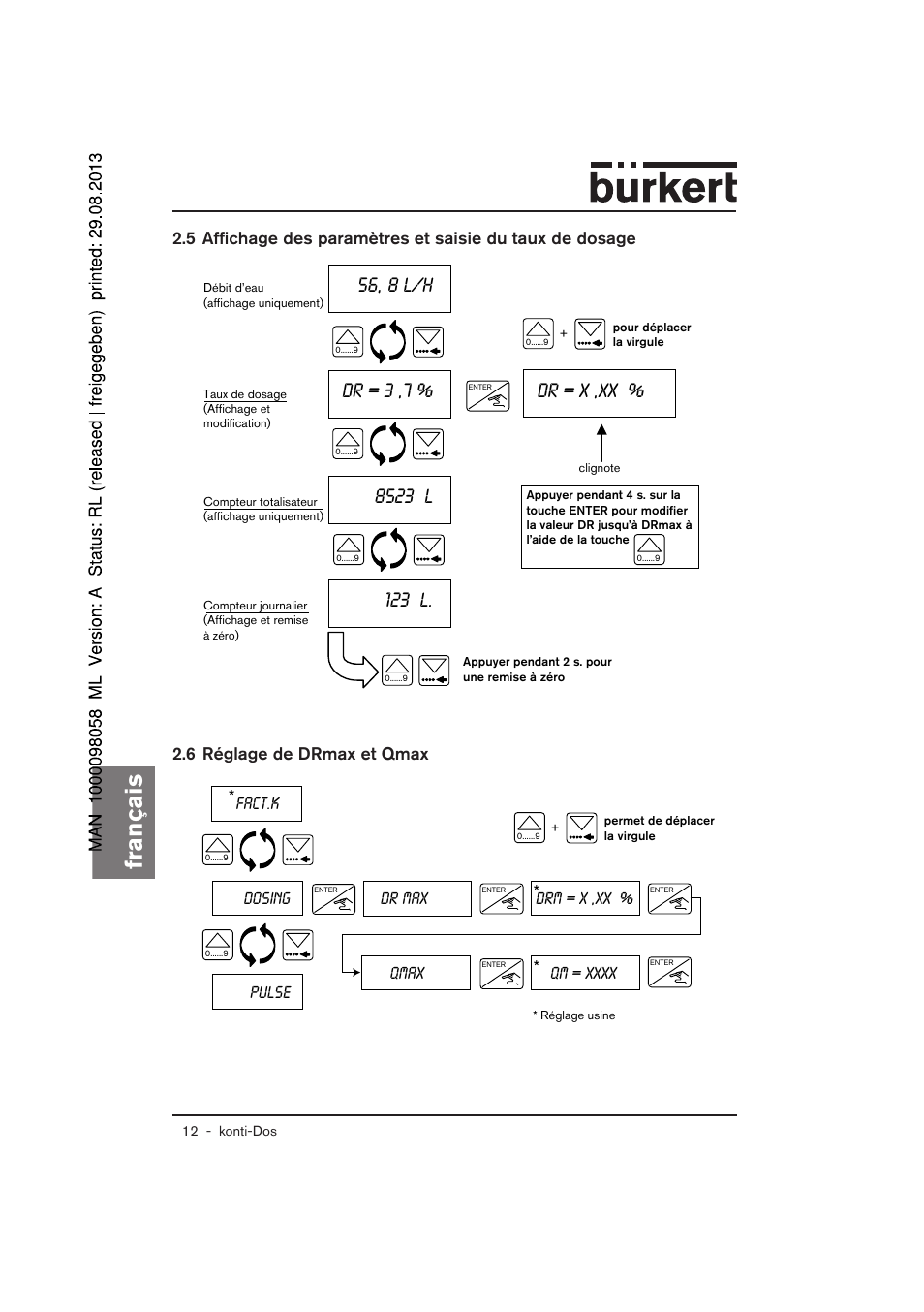 Français, 56, 8 l/h, 123 l | Dr max, Drm = x ,xx, Qmax | Burkert Type 7880 User Manual | Page 52 / 60