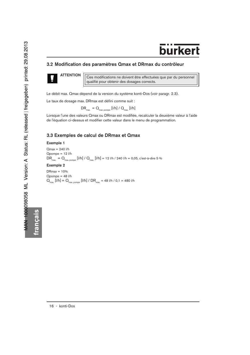 Français, 3 exemples de calcul de drmax et qmax | Burkert Type 7880 User Manual | Page 56 / 60