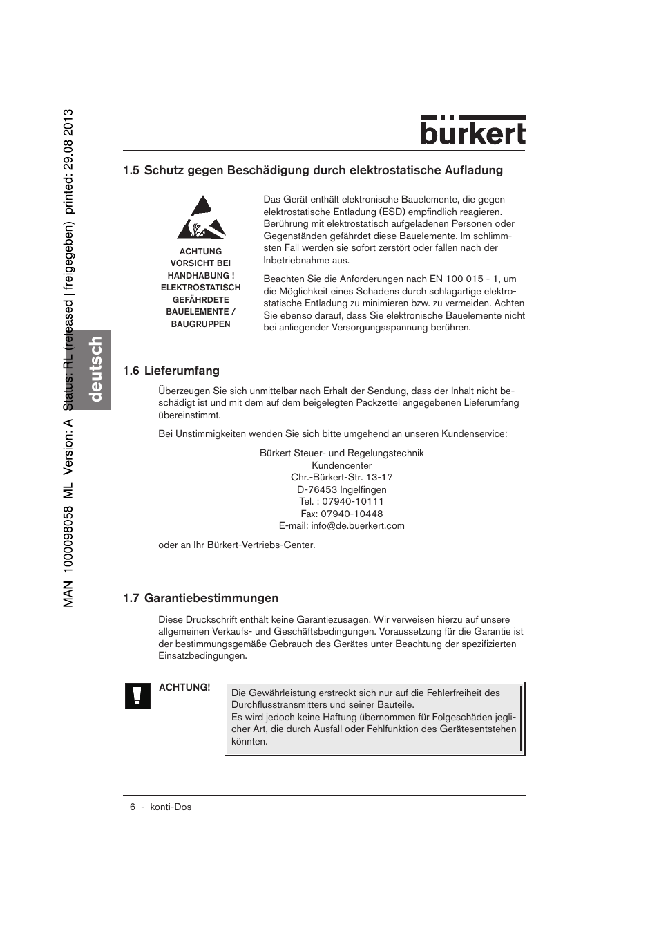 Deutsch, 7 garantiebestimmungen 1.6 lieferumfang | Burkert Type 7880 User Manual | Page 6 / 60