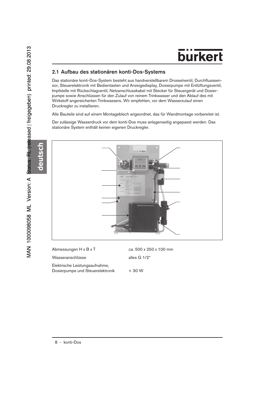Deutsch, 1 aufbau des stationären konti-dos-systems | Burkert Type 7880 User Manual | Page 8 / 60