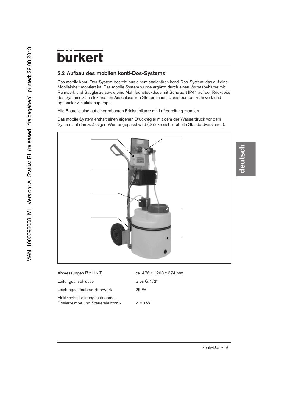 Deutsch, 2 aufbau des mobilen konti-dos-systems | Burkert Type 7880 User Manual | Page 9 / 60