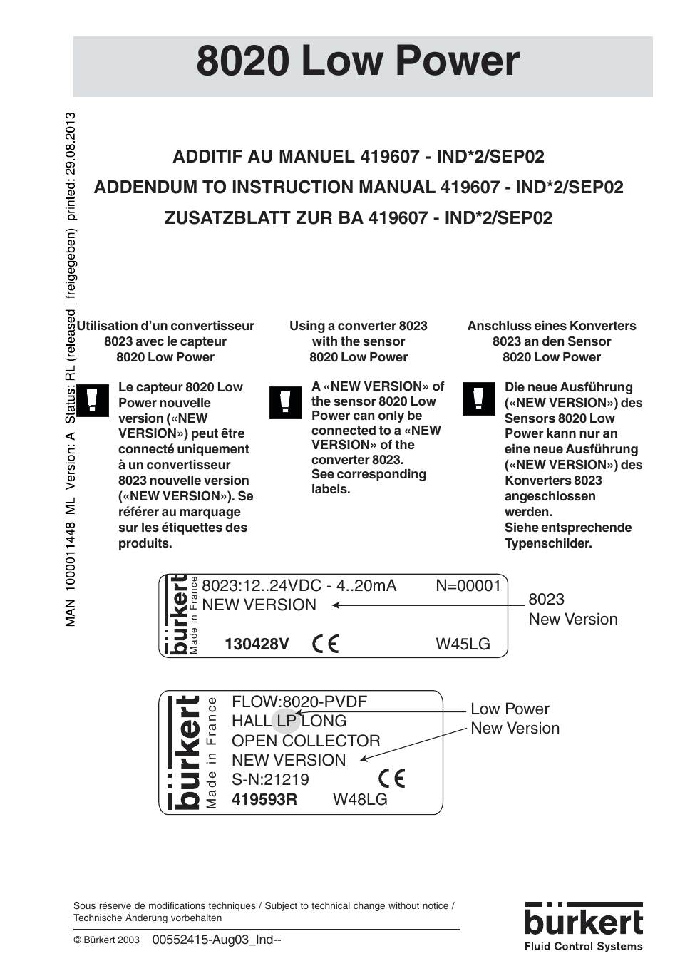 Burkert Type 8020 User Manual | 2 pages