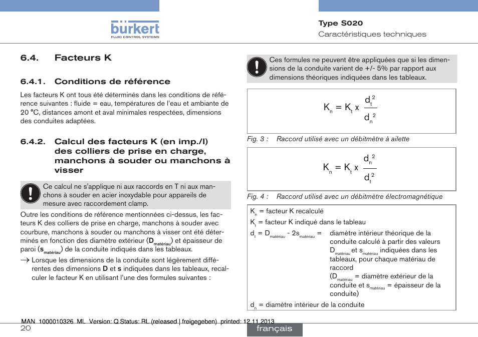 Facteurs k, Conditions de référence, Calcul des facteurs k (en imp./l) des colliers | De prise en charge, manchons à souder ou, Manchons à visser | Burkert Type S020 User Manual | Page 104 / 130