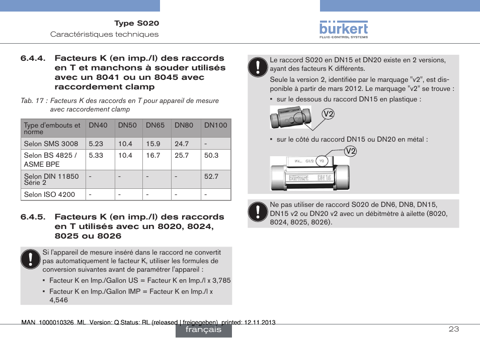 Facteurs k (en imp./l) des raccords en t et, Manchons à souder utilisés avec un 8041 ou, Un 8045 avec raccordement clamp | Facteurs k (en imp./l) des raccords en t utilisés, Avec un 8020, 8024, 8025 ou 8026 | Burkert Type S020 User Manual | Page 107 / 130