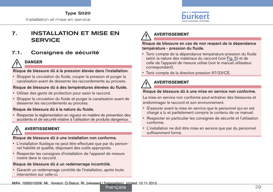 Installation et mise en service, Consignes de sécurité | Burkert Type S020 User Manual | Page 113 / 130