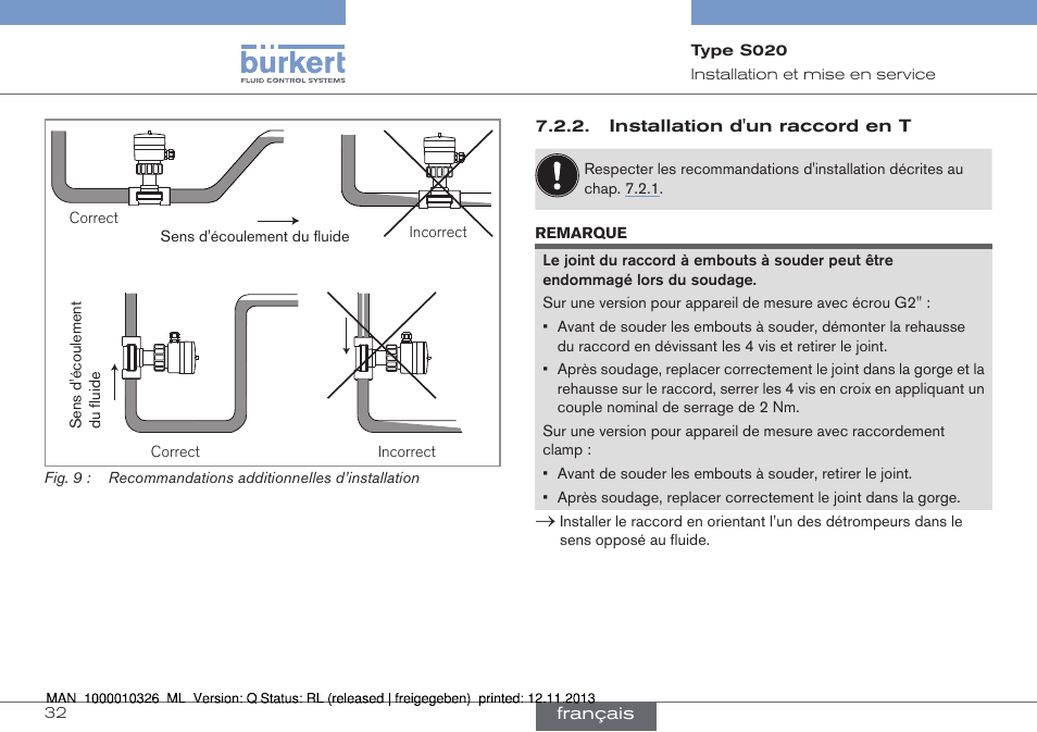 Installation d'un raccord en t | Burkert Type S020 User Manual | Page 116 / 130