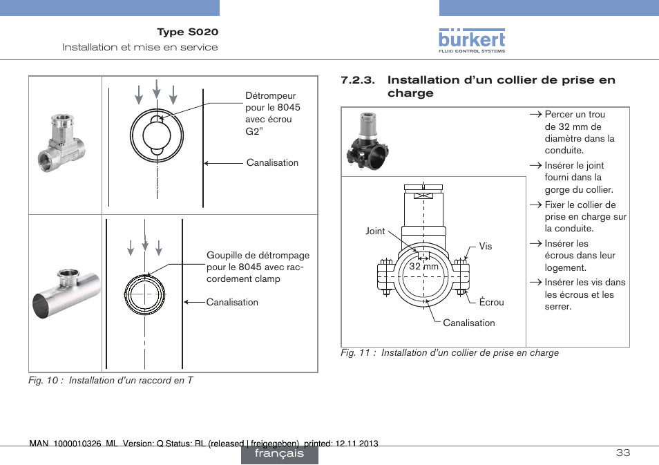 Installation d’un collier de prise en charge | Burkert Type S020 User Manual | Page 117 / 130