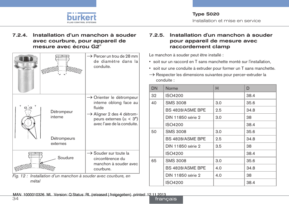 Installation d’un manchon à souder avec cour, Bure, pour appareil de mesure avec écrou g2, Installation d'un manchon à souder pour appa | Reil de mesure avec raccordement clamp | Burkert Type S020 User Manual | Page 118 / 130