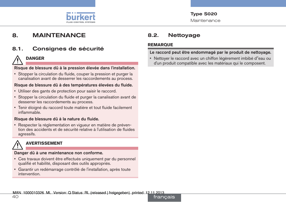 Maintenance, Consignes de sécurité, Nettoyage | Burkert Type S020 User Manual | Page 124 / 130