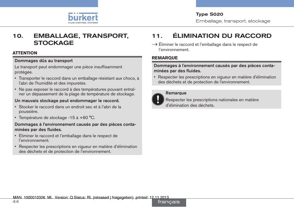 Emballage, transport, stockage, Élimination de l'appareil, Élimination du raccord | Burkert Type S020 User Manual | Page 128 / 130