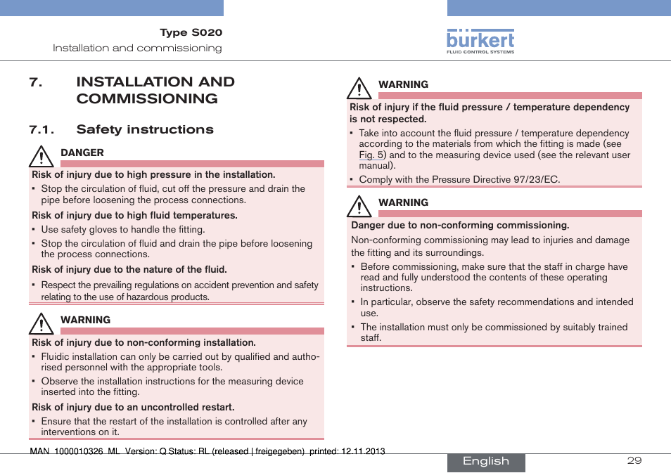 Installation and commissioning, Safety instructions | Burkert Type S020 User Manual | Page 29 / 130