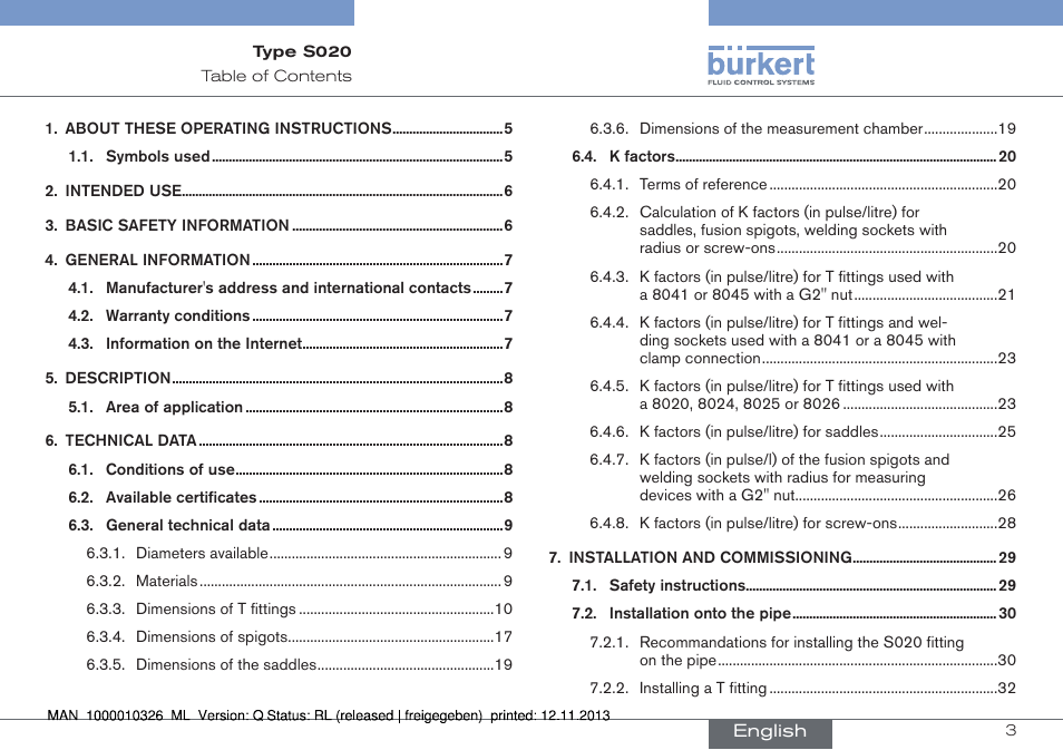English | Burkert Type S020 User Manual | Page 3 / 130