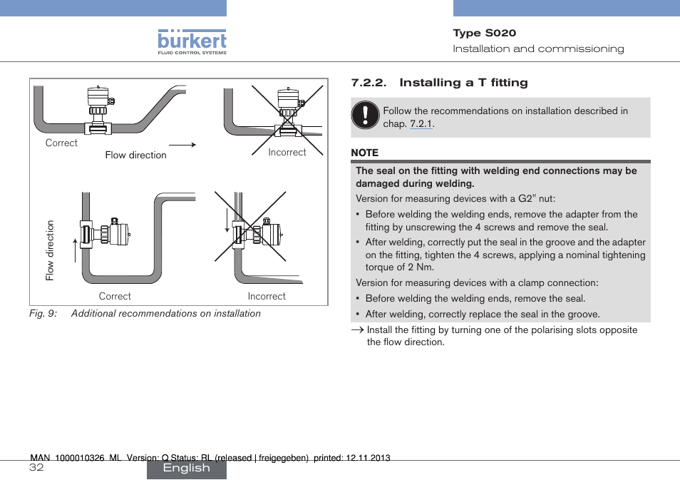 Installing a t fitting | Burkert Type S020 User Manual | Page 32 / 130