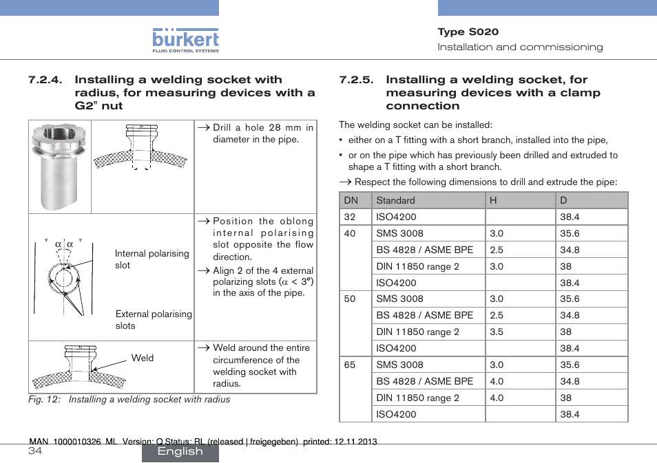 Installing a welding socket with radius, for mea, Suring devices with a g2'' nut, Installing a welding socket, for measuring | Devices with a clamp connection | Burkert Type S020 User Manual | Page 34 / 130