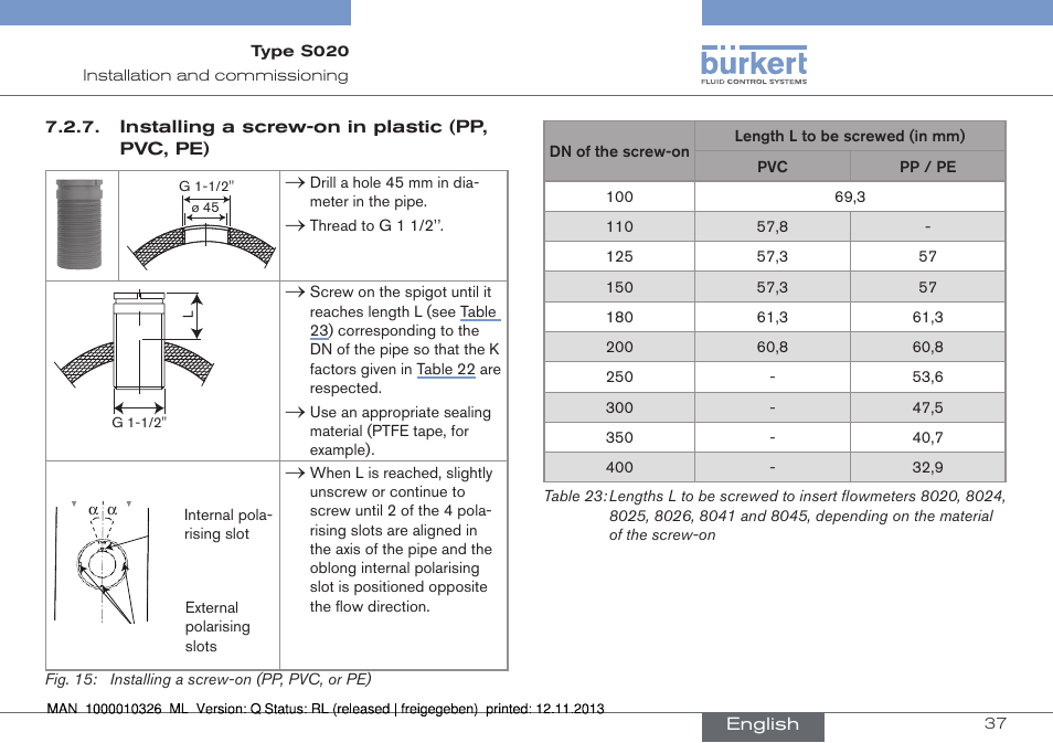 Installing a screw-on in plastic (pp, pvc, pe) | Burkert Type S020 User Manual | Page 37 / 130