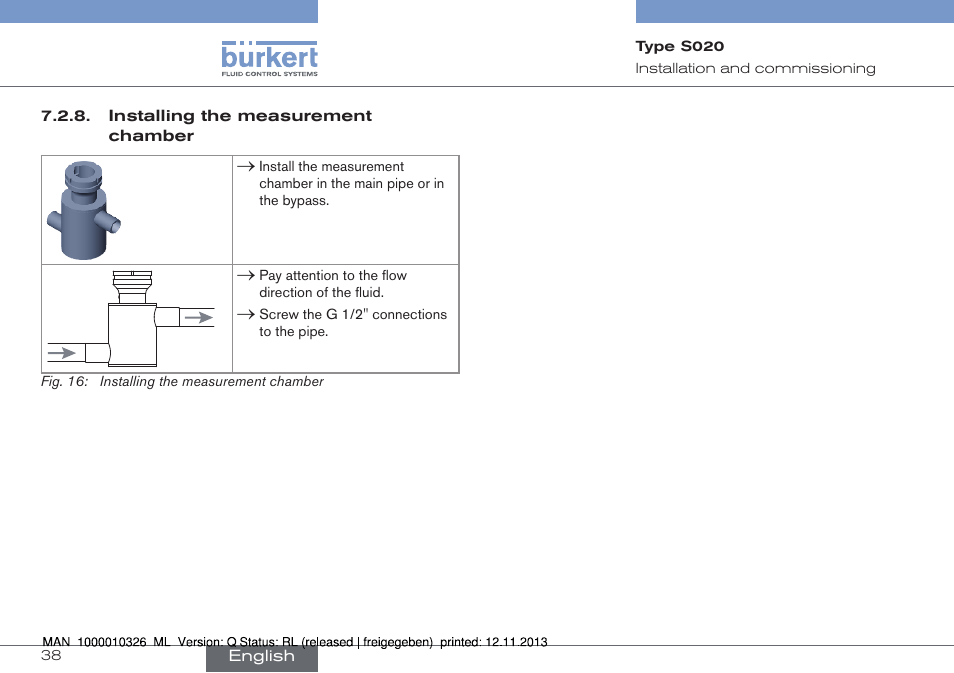 Installing the measurement chamber | Burkert Type S020 User Manual | Page 38 / 130