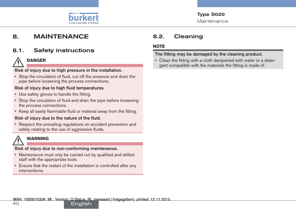 Maintenance, Safety instructions, Cleaning | Burkert Type S020 User Manual | Page 40 / 130
