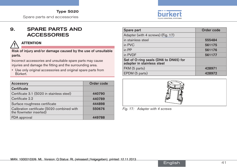 Spare parts and accessories | Burkert Type S020 User Manual | Page 41 / 130