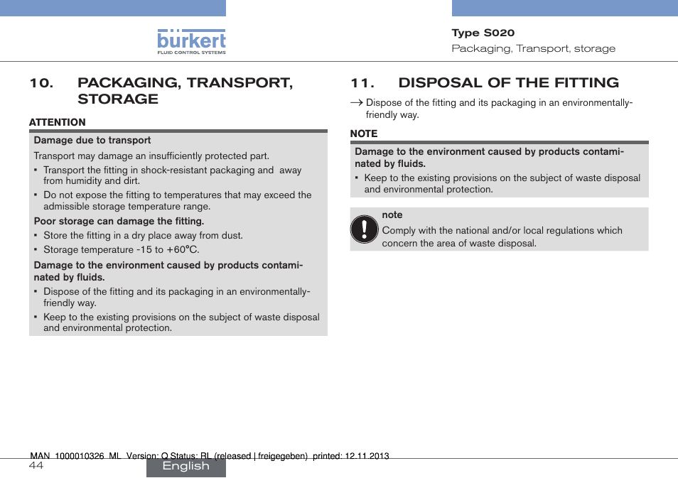 Packaging, transport, storage, Disposal of the fitting | Burkert Type S020 User Manual | Page 44 / 130