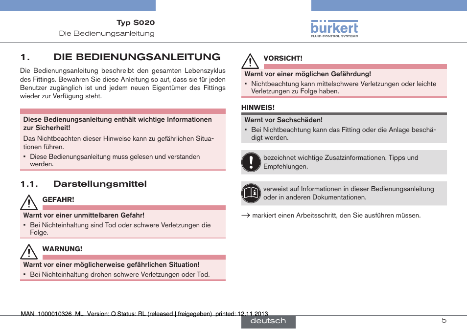 Die bedienungsanleitung, Darstellungsmittel | Burkert Type S020 User Manual | Page 47 / 130