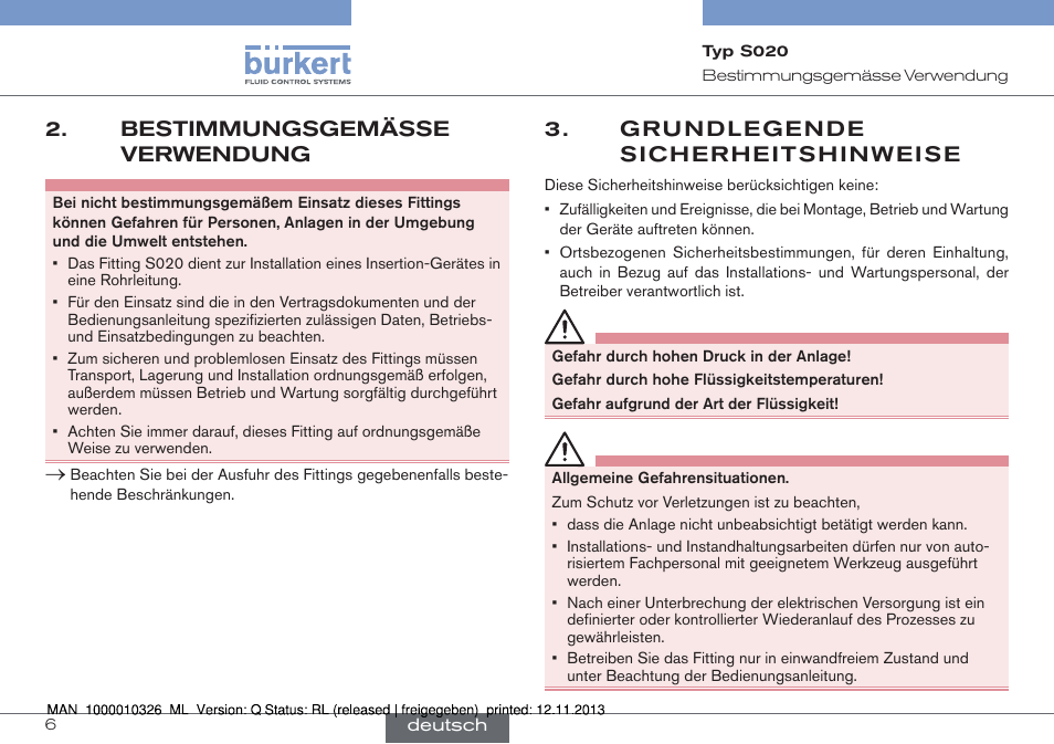 Bestimmungsgemässe verwendung, Grundlegende sicherheitshinweise | Burkert Type S020 User Manual | Page 48 / 130