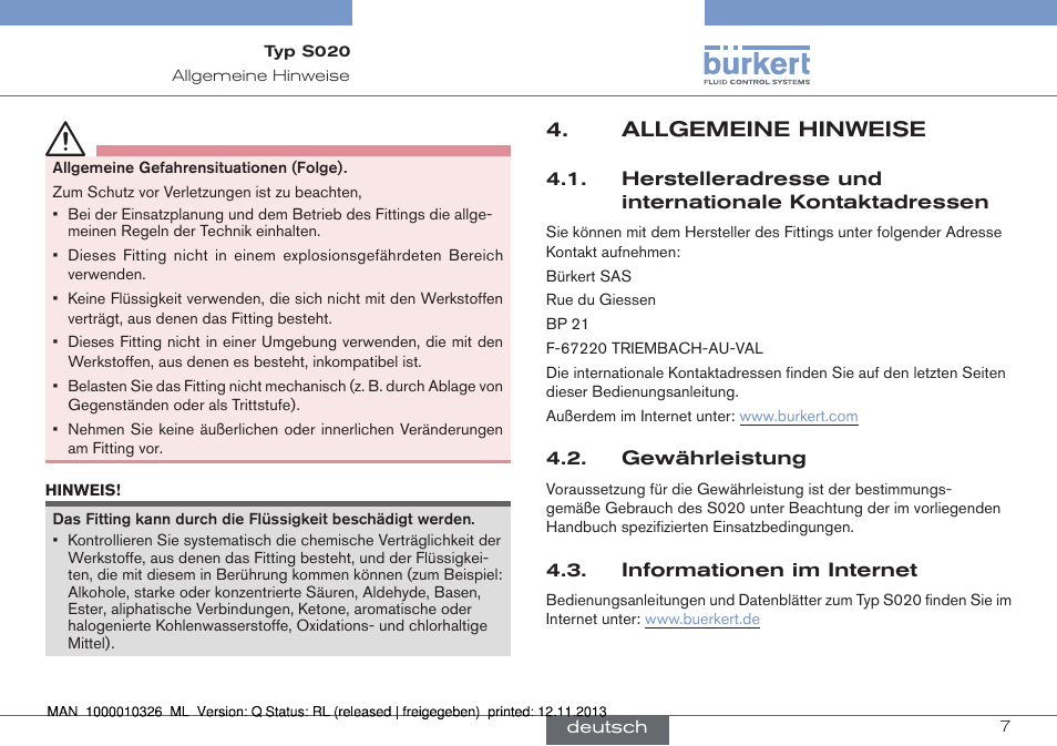 Allgemeine hinweise, Gewährleistung, Informationen im internet | Burkert Type S020 User Manual | Page 49 / 130