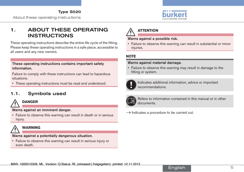 About these operating instructions, Symbols used | Burkert Type S020 User Manual | Page 5 / 130