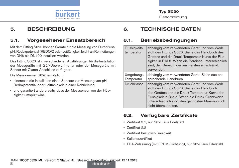 Beschreibung, Vorgesehener einsatzbereich, Technische daten | Betriebsbedingungen, Verfügbare zertifikate | Burkert Type S020 User Manual | Page 50 / 130