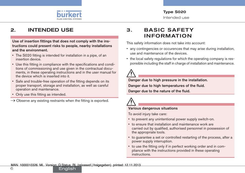 Intended use, Basic safety information | Burkert Type S020 User Manual | Page 6 / 130