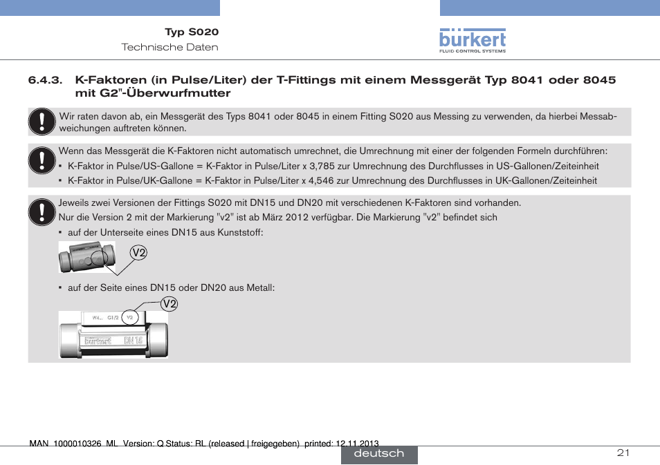 K-faktoren (in pulse/liter) der t-fittings mit, Einem messgerät typ 8041 oder 8045 mit, G2''-überwurfmutter | Burkert Type S020 User Manual | Page 63 / 130