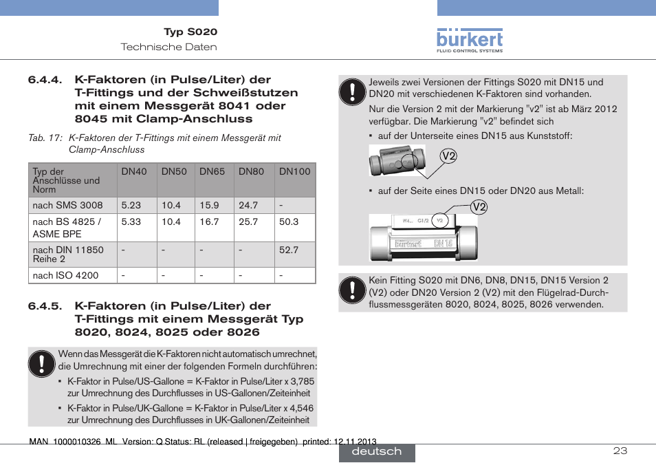 K-faktoren (in pulse/liter) der t-fittings und, Der schweißstutzen mit einem messgerät 8041, Oder 8045 mit clamp-anschluss | K-faktoren (in pulse/liter) der t-fittings mit, Einem messgerät typ 8020, 8024, 8025 oder 8026 23 | Burkert Type S020 User Manual | Page 65 / 130