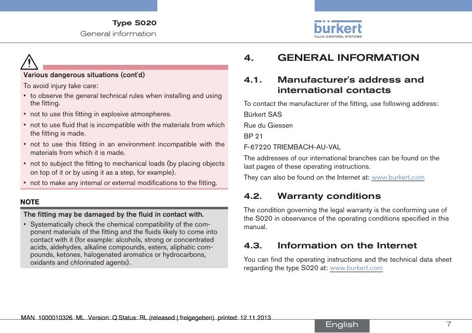 General information, Manufacturer's address and international contacts, Warranty conditions | Information on the internet | Burkert Type S020 User Manual | Page 7 / 130