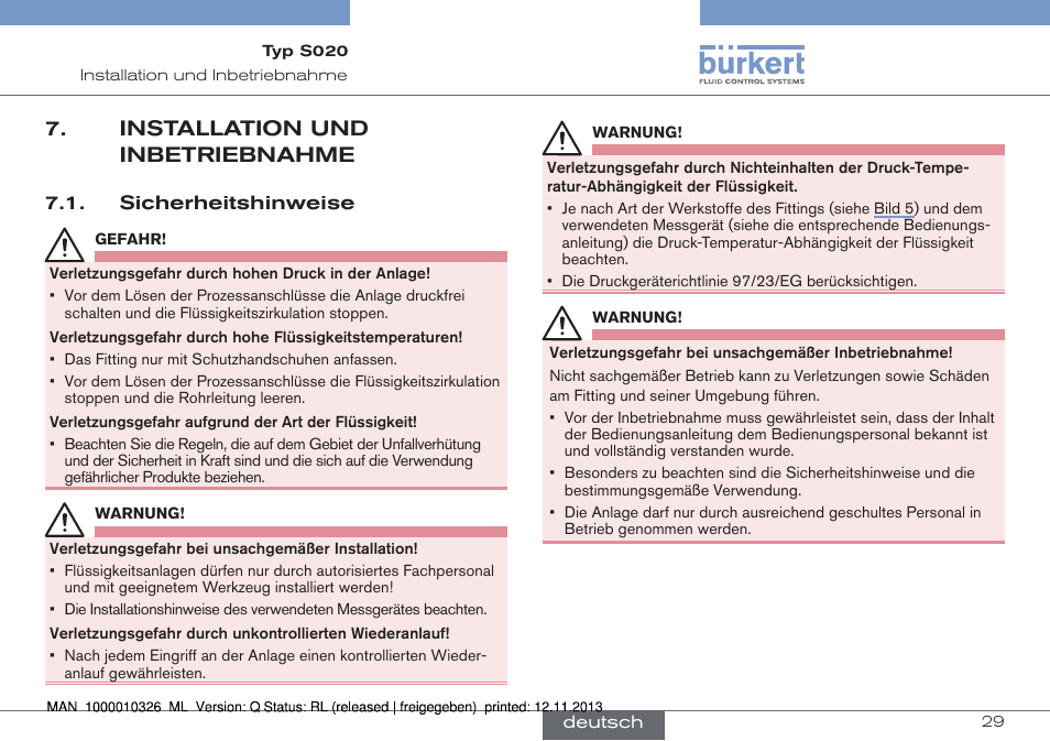 Installation und inbetriebnahme, Sicherheitshinweise | Burkert Type S020 User Manual | Page 71 / 130