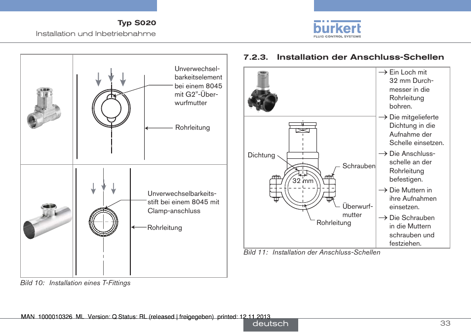 Installation der anschluss-schellen | Burkert Type S020 User Manual | Page 75 / 130