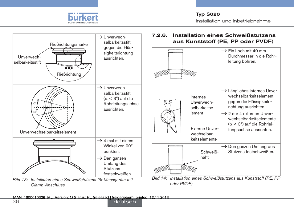 Installation eines schweißstutzens aus, Kunststoff (pe, pp oder pvdf) | Burkert Type S020 User Manual | Page 78 / 130