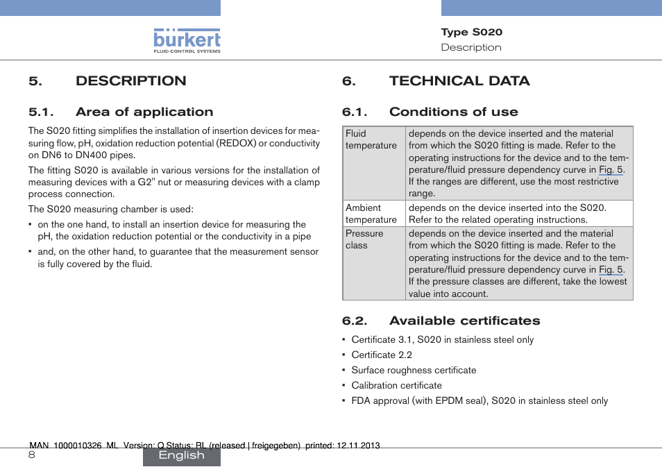 Description, Area of application, Technical data | Conditions of use, Available certificates | Burkert Type S020 User Manual | Page 8 / 130