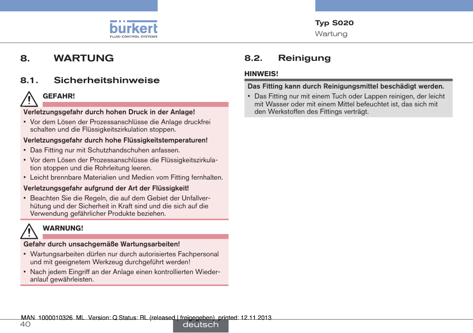 Wartung, Sicherheitshinweise, Reinigung | Burkert Type S020 User Manual | Page 82 / 130