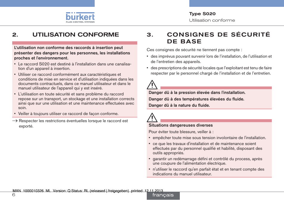 Utilisation conforme, Consignes de sécurité de base | Burkert Type S020 User Manual | Page 90 / 130