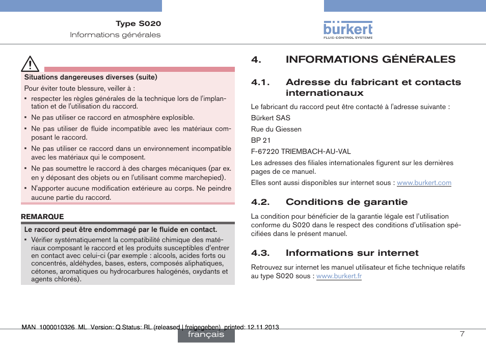 Informations générales, Adresse du fabricant et contacts internationaux, Conditions de garantie | Informations sur internet | Burkert Type S020 User Manual | Page 91 / 130