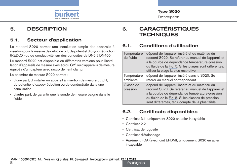 Description, Secteur d'application, Caractéristiques techniques | Conditions d'utilisation, Certificats disponibles | Burkert Type S020 User Manual | Page 92 / 130