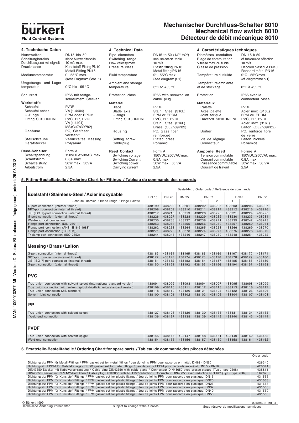 Edelstahl / stainless-steel / acier inoxydable, Pvdf pp, Messing / brass / laiton | Burkert Type 8010 User Manual | Page 6 / 6