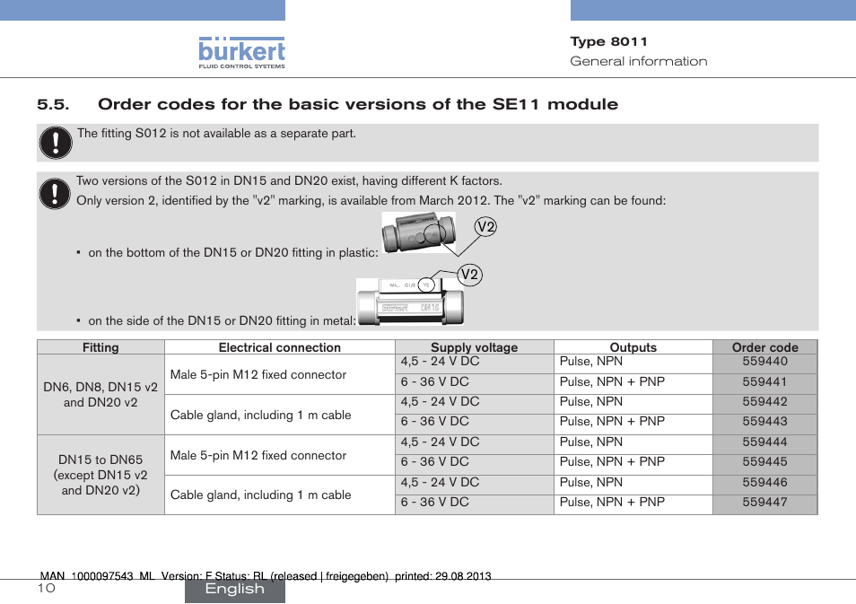 Order codes for the basic versions of the se11, Module | Burkert Type 8011 User Manual | Page 10 / 100
