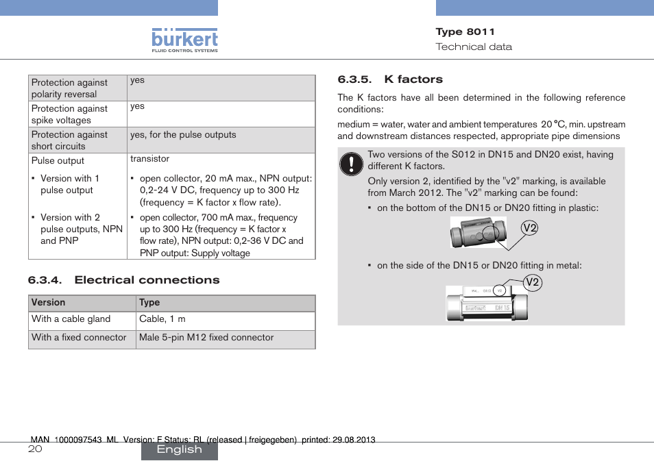 Electrical connections, K factors | Burkert Type 8011 User Manual | Page 20 / 100