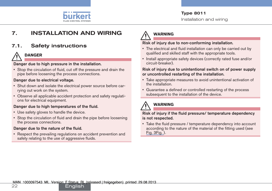 Installation and wiring, Safety instructions | Burkert Type 8011 User Manual | Page 22 / 100