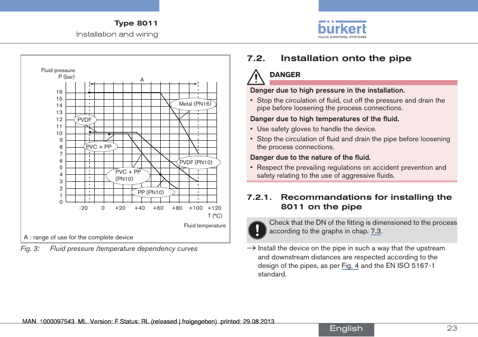 Installation onto the pipe, Recommandations for installing the 8011 on, The pipe | Burkert Type 8011 User Manual | Page 23 / 100