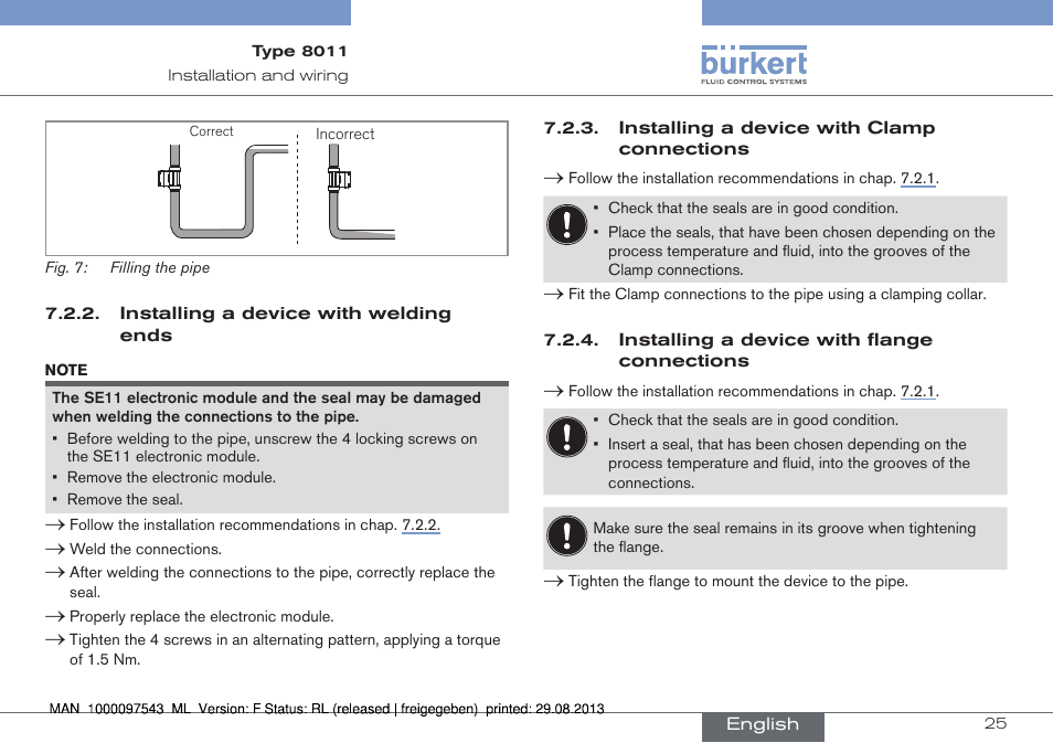 Installing a device with welding ends, Installing a device with clamp connections, Installing a device with flange connections | Burkert Type 8011 User Manual | Page 25 / 100