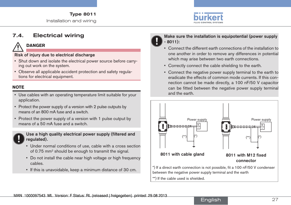 Electrical wiring | Burkert Type 8011 User Manual | Page 27 / 100
