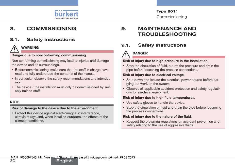 Commissioning, Safety instructions, Maintenance and troubleshooting | Burkert Type 8011 User Manual | Page 30 / 100