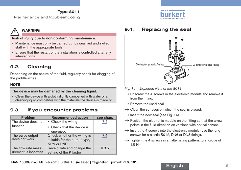 Cleaning, If you encounter problems, Replacing the seal | Burkert Type 8011 User Manual | Page 31 / 100